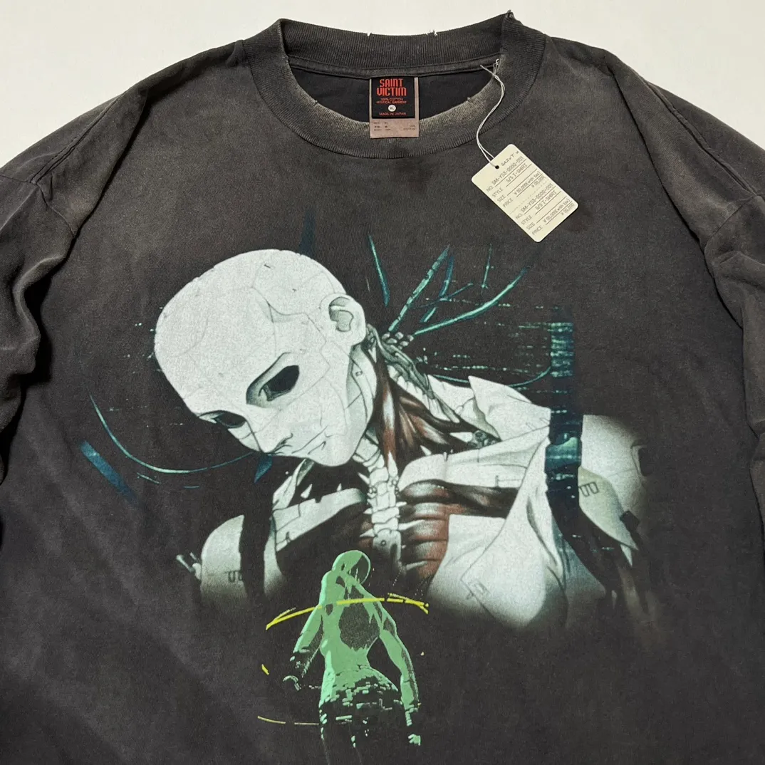 SAINT Mxxxxxx × GHOST IN THE SHELL Ghost in the Shell GS_LS TEE/GITS/BLK Big IP Ghost in the Shell co-branded model Motoko Kusanagi takes a bath Retro distressed long sleeves Ready-to-wear Assute dyeing All parts of the horse spray fade/replacement fade Correct accessories Joint LOGO wash mark/main mark/cherub mark Super complex printing reproduction Super long drawing/pattern making cycle Handmade graffiti made dirty